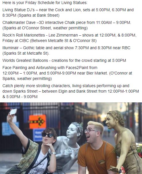 SparksStreet's tweet photo. TGIF is on the horizon: Take an extended lunch break (or stroll during happy hour) 
Living Statues on Sparks Street, your Friday, Sept. 21 schedule: https://t.co/B9UYgMyxQJ
