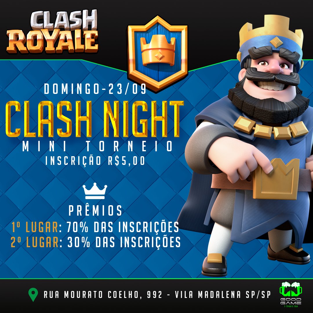 CLASH NIGHT 
MINI TORNEIO 1 VS 1 – VENCEDOR RECEBERÁ 70% DO VALOR DAS INSCRIÇÕES (R$ 5,00); 2ª LUGAR – 30% DO VALOR DAS INSCRIÇÕES + DRINK GG

- MINI TORNEIO DE 2 VS 2 – Venha com sua dupla e vocês recebem o drink para comemorar a vitória!

Rua Mourato Coelho, 992 - Vila Madalena