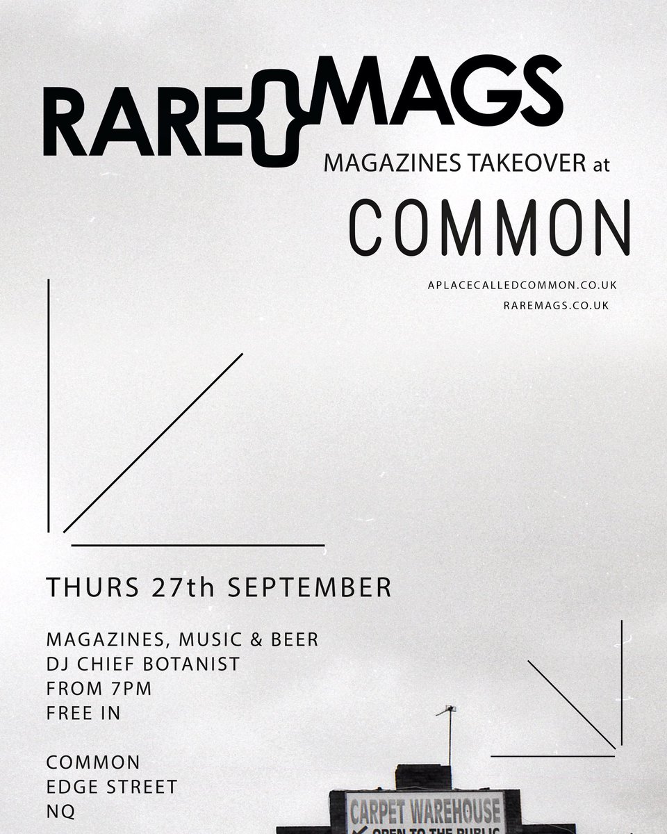 Next Thursday (the 27th) we’re showing up at Common with a load of #magazines. The idea is people come and have magazine/beer/music related happiness for the evening. It’s just an idea though. Here’s a handy event link - facebook.com/events/1189638… <a href="/common_bar/">Common</a>