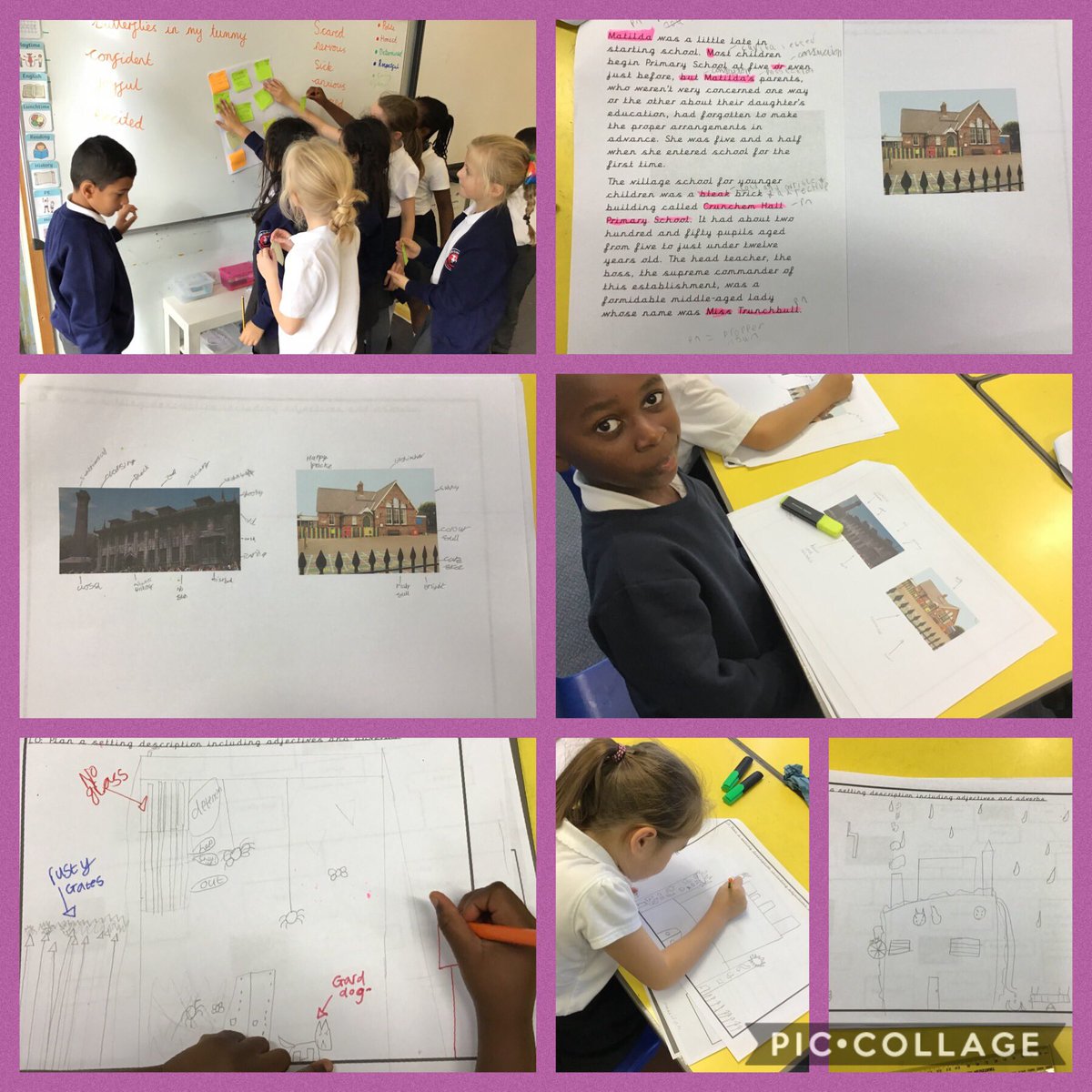 BartoncloughY5's tweet image. Today we thought about our first day at school to understand how Matilda might feel. We compared a lovely looking school to the dreaded ‘Crunchem Hall’. Then we designed our own school that we would definitely NOT like to go to! #bleak #terrifying #settingdescription