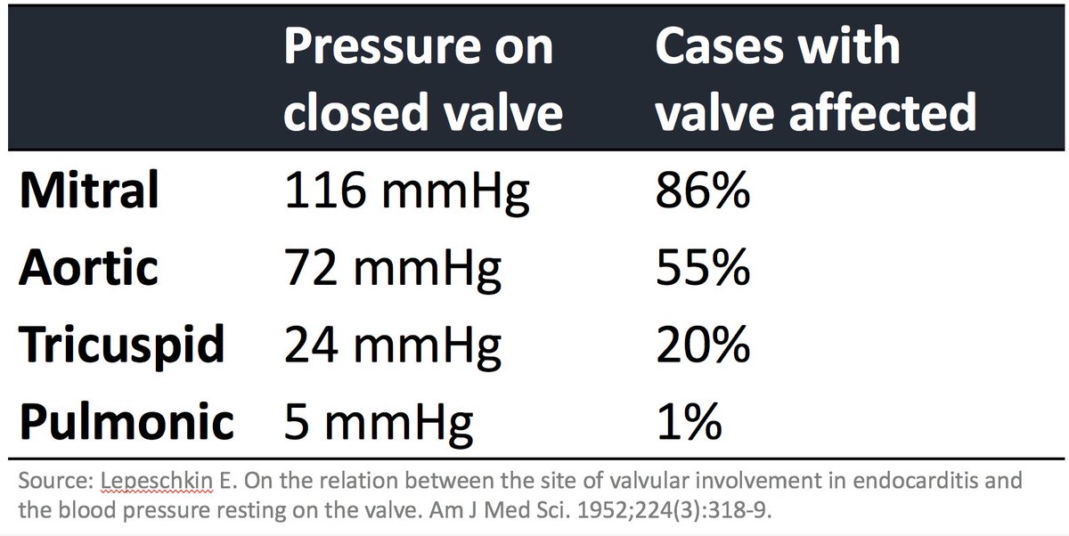 6/Endothelial injury is more likely in areas of high pressure as this creates shear stress and disruption of the endothelium. In 1952, Lepeschkin correlated the pressure resting on a closed valve with rates of IE.higher pressure = higher rate of IE https://www.ncbi.nlm.nih.gov/pubmed/14952510 