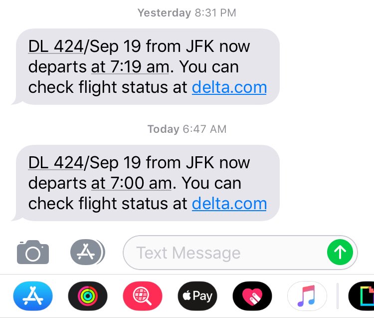 TimFrankTim's tweet photo. @delta delayed departure time last night, then updated flight status to original flight time 15 minutes before takeoff.  Left 20 people at the gate. This is unacceptable!! 😡 https://t.co/6PV4QosI3N
