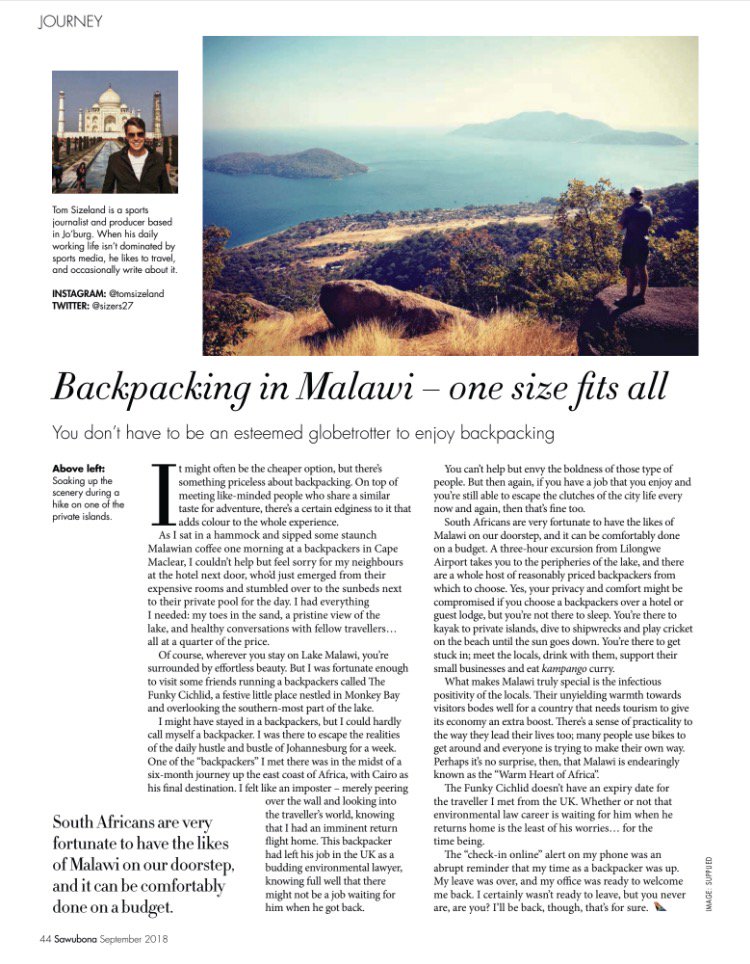 The latest edition of the ever-excellent <a href="/SawubonaSAA/">Sawubona Magazine</a>, in-flight mag of <a href="/FlySAA_UK/">SAA - UK ✈️</a> has a great feature on backpacking in #Malawi by <a href="/sizers27/">Tom Sizeland</a>. Plus, <a href="/LakeofStars/">Lake of Stars</a> tops its ‘What to do This month’ round up. Time to hop on an SAA flight to Malawi!
