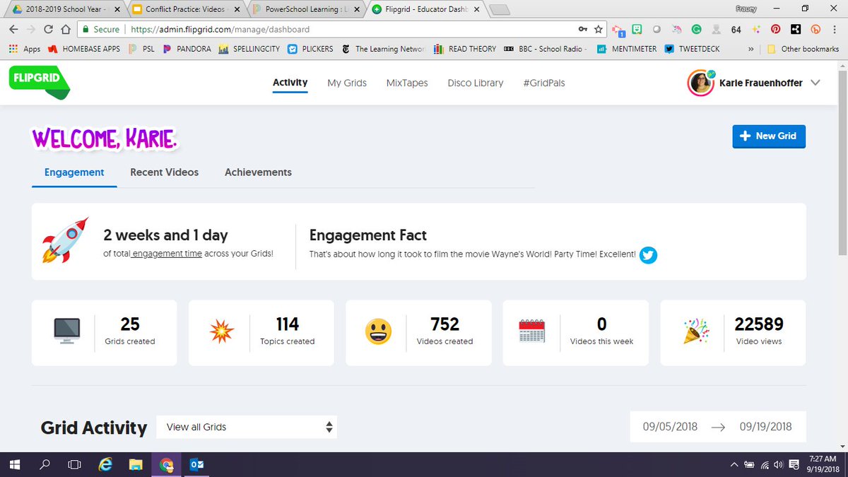 legitkfrauey's tweet photo. I love how the @Flipgrid #Vibes feels have made their way to the admin page.  There is something just generally ~joyous~ about seeing "Welcome Karie" in a fun, purpley font! #GeniusDesign #Magic https://t.co/O3407E0hnU