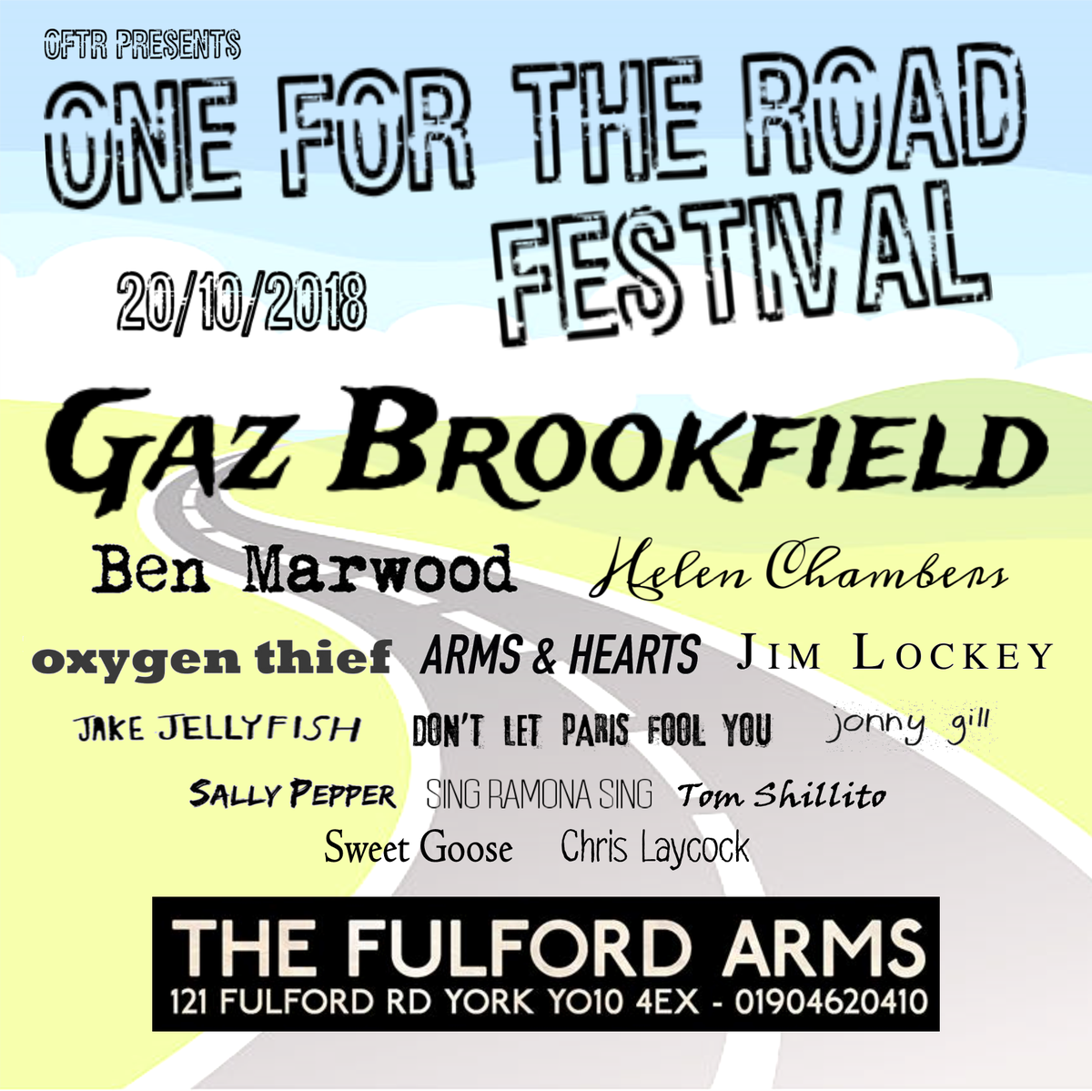 1fortheroaddiy's tweet photo. Friends, we have a couple of extra tickets available for the sold out show with @GazBrookfield, @benmarwoodmusic, @oxygenthiefYEAH et al at @fulfordarmsyork on 20th October. Get in touch via our Facebook page (https://t.co/4c6oGP0qcT) if you want to grab one of them! https://t.co/ndWbUBvHb0