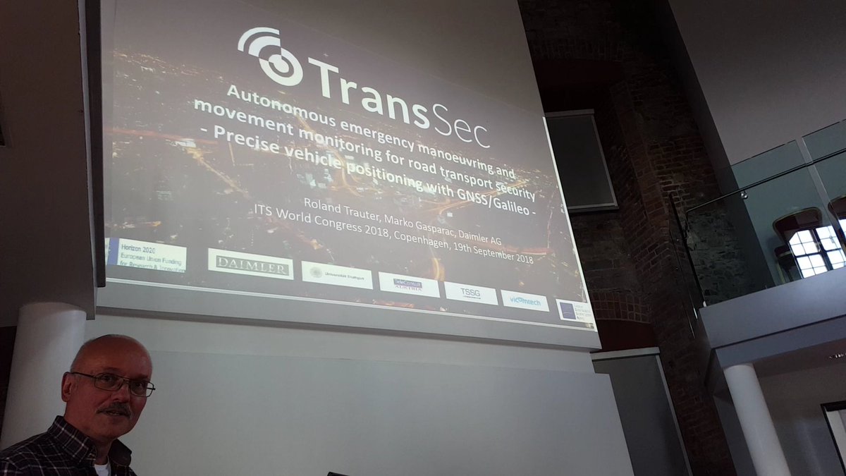 TransSecEU's tweet photo. Our @TransSecEU project coordinator giving us a overview of his #ITSWC18 presentation on the topic of "Percise Vehicle Positioning with GNSS/Galileo" #TransSec #GNSS #H2020 #AutonomousVehicles @EU_H2020 @EU_GNSS @Vicomtech @Daimler @TSSG_WIT @Uni_Stuttgart https://t.co/TkaIvLhDdR