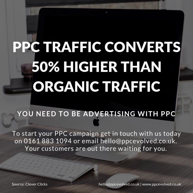 PPCEvolved's tweet image. Did you know that #PPC traffic converts 50% higher than organic traffic? You need to be adveritising with PPC. Call us today on 0161 883 1094 to see our team of PPC experts can help you.