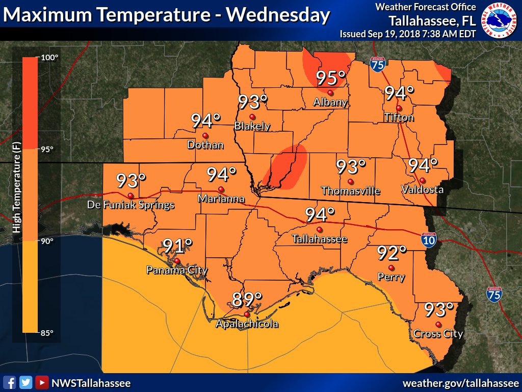NWSTallahassee's tweet photo. Another hot day for our area! The images display the maximum predicted temps (left) and the all-time maximum temp (right) for today. We probably wont set any records, but it's still going to be another hot one! Apparent temps will be in the high 90s and lower 100s. Stay hydrated! https://t.co/d5bnHBHv4A