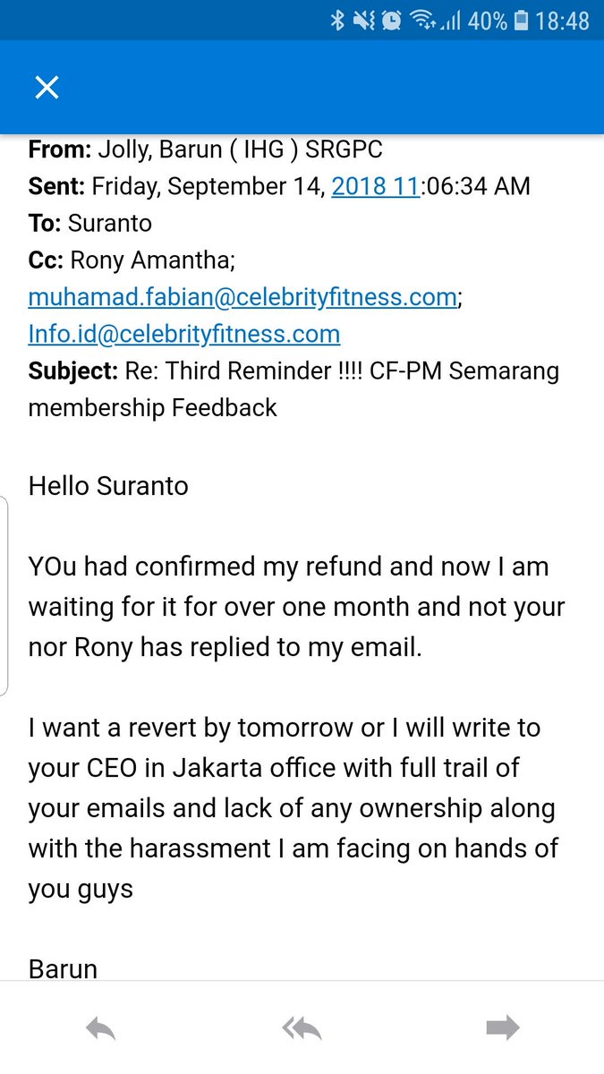 hotelierLyf's tweet photo. @flint_simon please see total lack of response from your celebrity fitness team. I am waiting for refund for more then a month https://t.co/nLQr5MEBiO