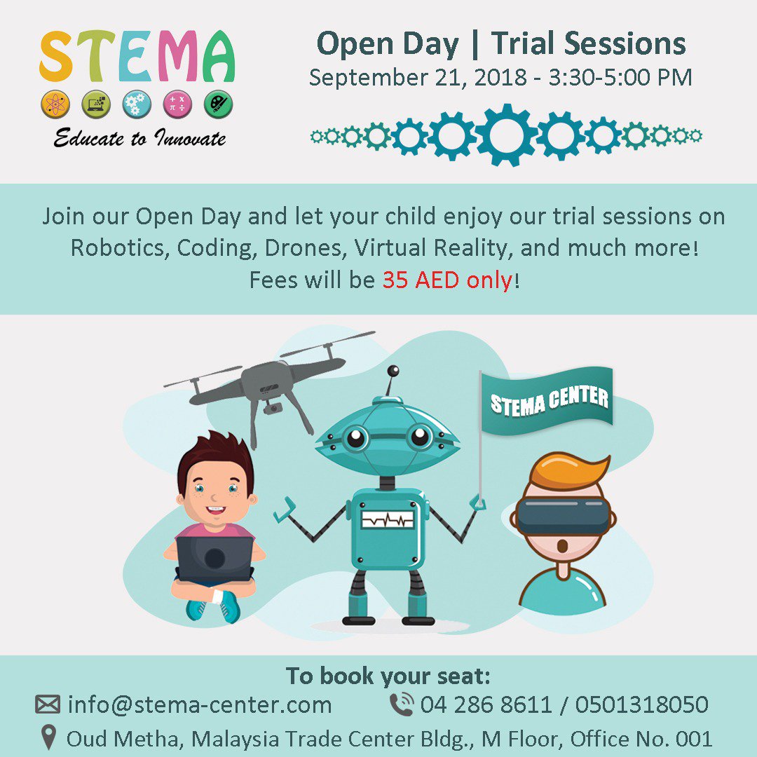 For booking visit: stema-center.com/back-to-school
Or call 042868611 

#openday #openhouse #STEM #STEAM #Robotics #Coding #Fun #activities #Afterschool #backtoschool #MyDubai #UAE
