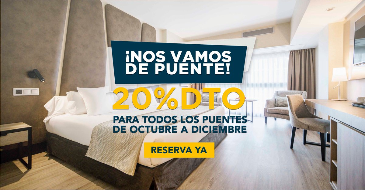 ILUNIONHotels's tweet photo. Sigue haciendo planes hasta final de año ¡No lo dudes! Aprovecha nuestra oferta y consigue un 20% de descuento en todos los puentes de aquí a diciembre. 
Elige el destino que más te guste y ¡haz las maletas! https://t.co/Ut0mMIamq9
😎😎 https://t.co/CpBR0Oq8ZB