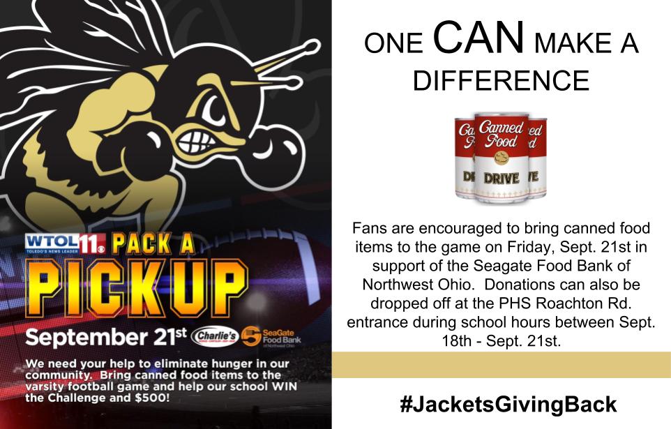 PburgAthletics's tweet photo. Perrysburg Athletics has partnered with WTOL to "Pack A Pickup" in support of the Seagate Food Bank of Northwest Ohio. Consider donating this week. #JacketsGivingBack https://t.co/ru6838Csrx