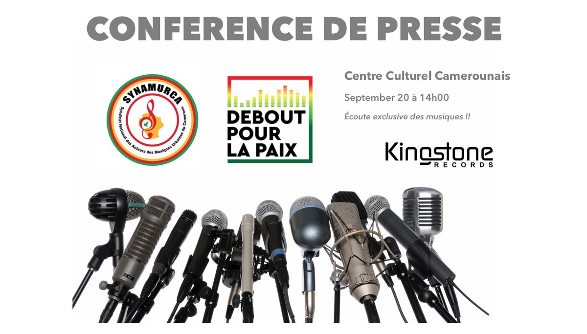 KingstoneRecord's tweet photo. #PressConference tomorrow at #CentreCultrelCamerounais at 14:00. Come for an exclusive music session to hear the new recordings for #DeboutPourPaix #WeStandForPeace and the presentation of #Cameroon's #UrbanMusic union #SYNAMURCA See you there! https://t.co/DH3WlQm24M