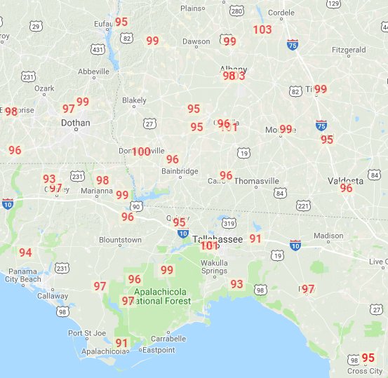NWSTallahassee's tweet photo. Another hot day for our area! The images display the maximum predicted temps (left) and the all-time maximum temp (right) for today. We probably wont set any records, but it's still going to be another hot one! Apparent temps will be in the high 90s and lower 100s. Stay hydrated! https://t.co/d5bnHBHv4A