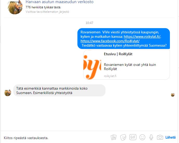 RKylat's tweet photo. #RoiKylät viestii esimerkillisesti. "Esimerkkiä kannattaa markkinoida koko Suomeen, " vastasi HAMA kysymykseen, onko Suomessa muita vastaavalla tavalla toimivia kylien yhteenliittymiä. Hyvä #Rovaniemi #kylät #maaseutu #viestintä @HLinjakumpu @TeurajrvAnna @Juha_Kutuniva https://t.co/i9Vq0N82hm