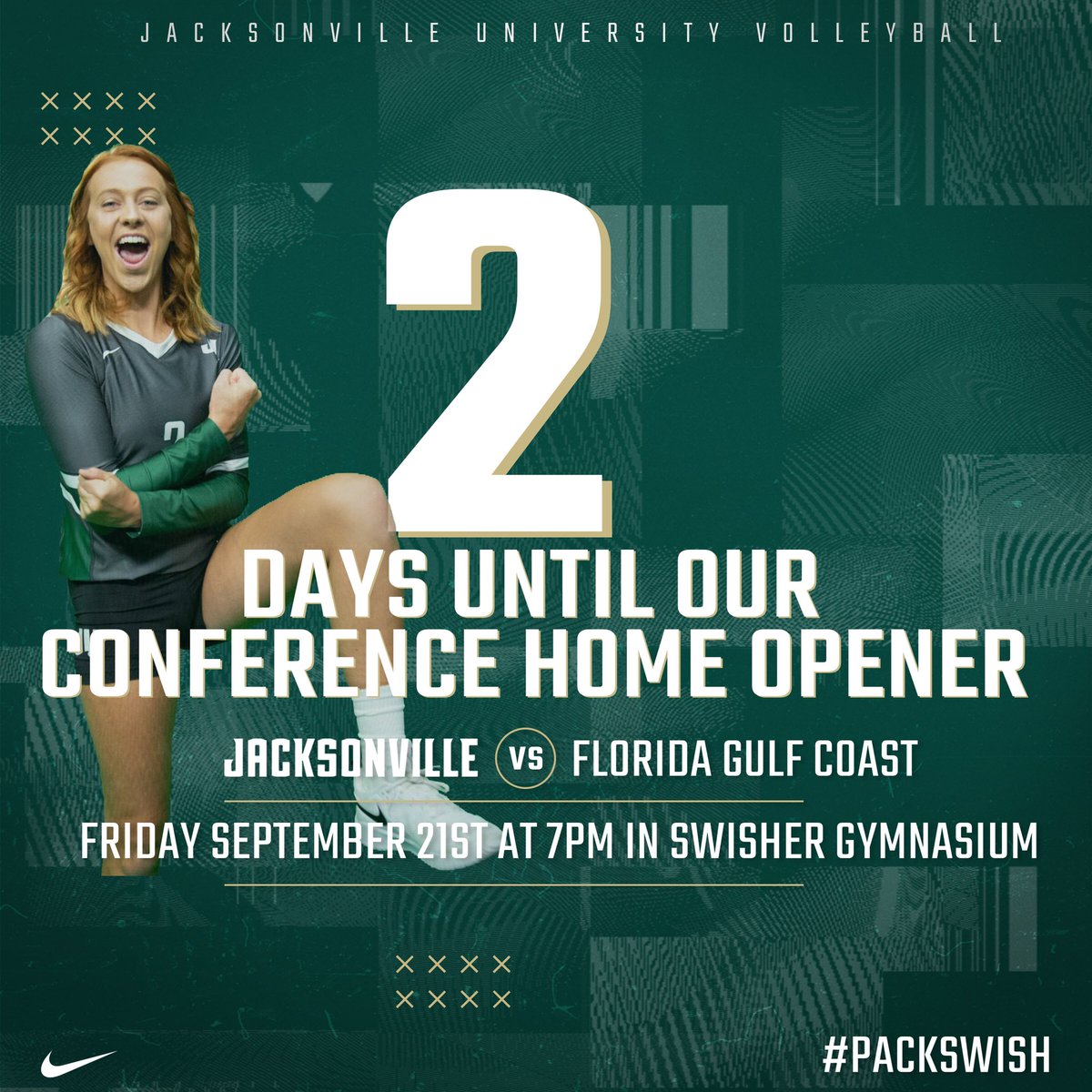 JAX_Volleyball's tweet photo. @hannimarchand says 2 more days people!!!! Come out and support #JUVB this Friday, 7pm in Swisher as we take on FGCU! #PackSwish https://t.co/wVpz5p8mf8