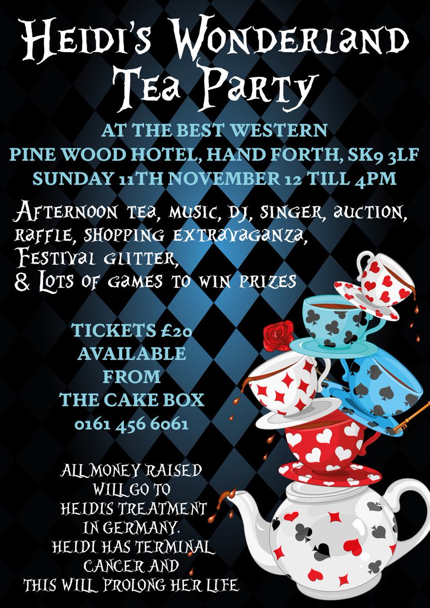 DaveDDecks's tweet photo. Join myself & a whole host of other people for #HeidisWonderland #TeaParty #fundraiser at The @BW_Pinewood in #Handforth #Cheshire #SK93LF #SaveHeidi
For more details contact the lovely Lisa from The @box_cake & go to the event page -
https://t.co/g7M8t2aSJ7 https://t.co/OBTOULmqDP