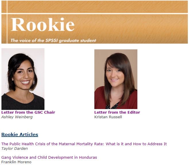 SPSSI's tweet photo. .@SPSSI's Graduate Student Committee (GSC) publishes a newsletter, The Rookie, which is included in each edition of The Forward.  The GSC is doing great work! @APAGradStudents @APA_Divisions @SpssiUk @Ph_Dreaming @taydarden @btblankenship @AshleyLWeinberg  https://t.co/LMLfs6UZFe https://t.co/IlYcY074De