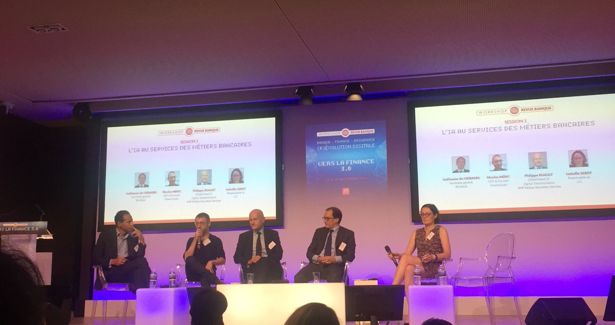 DreamQuark's tweet photo. En direct du workshop #revuebanque, @NicolasMeric1 (@DreamQuark) nous parle de l’IA au service des métiers bancaires aux côtés d’@IsabelleSerot (@LCL), de Guillaume de Crémiers (@BforBank), de @PhilippeRuault (@bnpparibas) #IntelligenceArtificielle https://t.co/Aq7Hs80A5d
