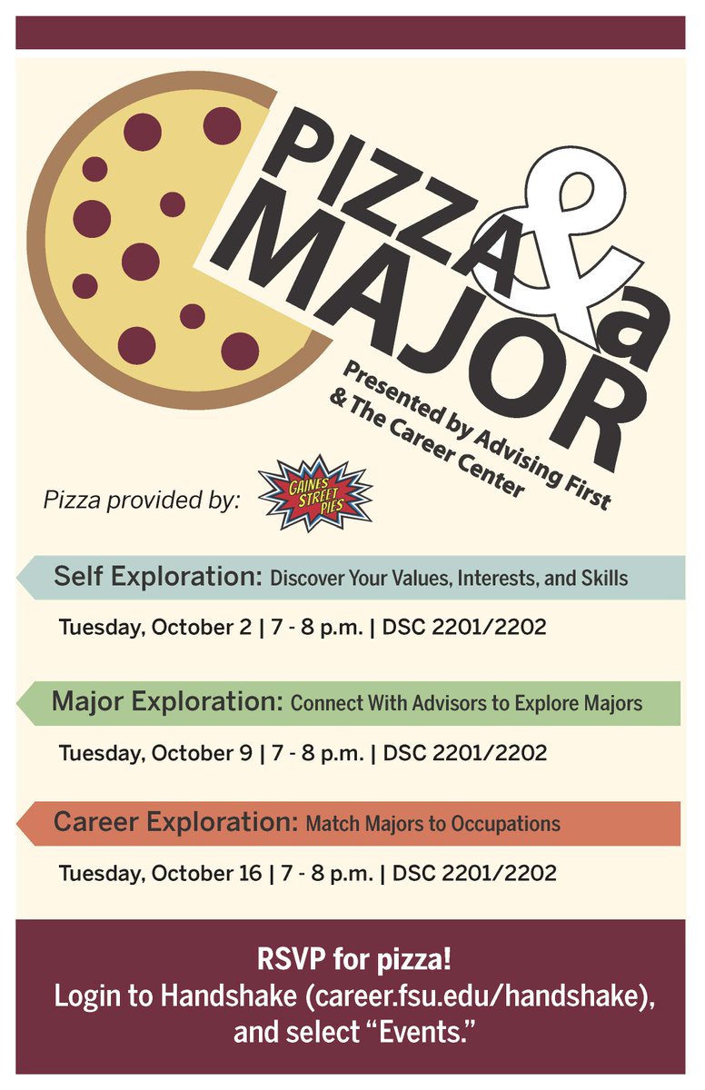 advisingfirst's tweet photo. Save the date for Gaines Street Pies Pizza! Advising First and the @FSUCareerCenter bring you the Pizza and a Major Workshop Series in October! See you there! 🍕🍕🍕 #FSUadvisingfirst #FSUexploratory https://t.co/Wn76Pewlg0