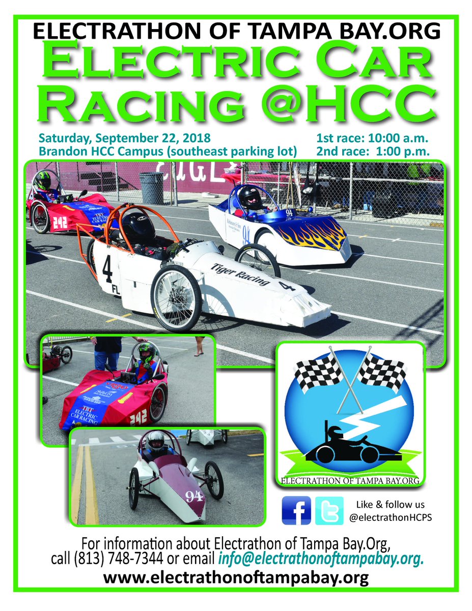 It's back...Electrathon racing kicks off the 18-19 race season <a href="/HCCFL/">Hillsborough College</a> in Brandon on Saturday, 9/22/18.  1st race at 10:00, 2nd race at 1:00.  Free family fun and LOTS of STEM going on!  <a href="/BrandonHSEagles/">Brandon High School</a> <a href="/LennardHigh/">Lennard High School</a> <a href="/TampaBaySTEM/">TampaBaySTEM</a>
<a href="/HCPSCTAE/">Dept of Career, Technical, and Adult Ed</a>   More info at electrathonoftampabay.org.