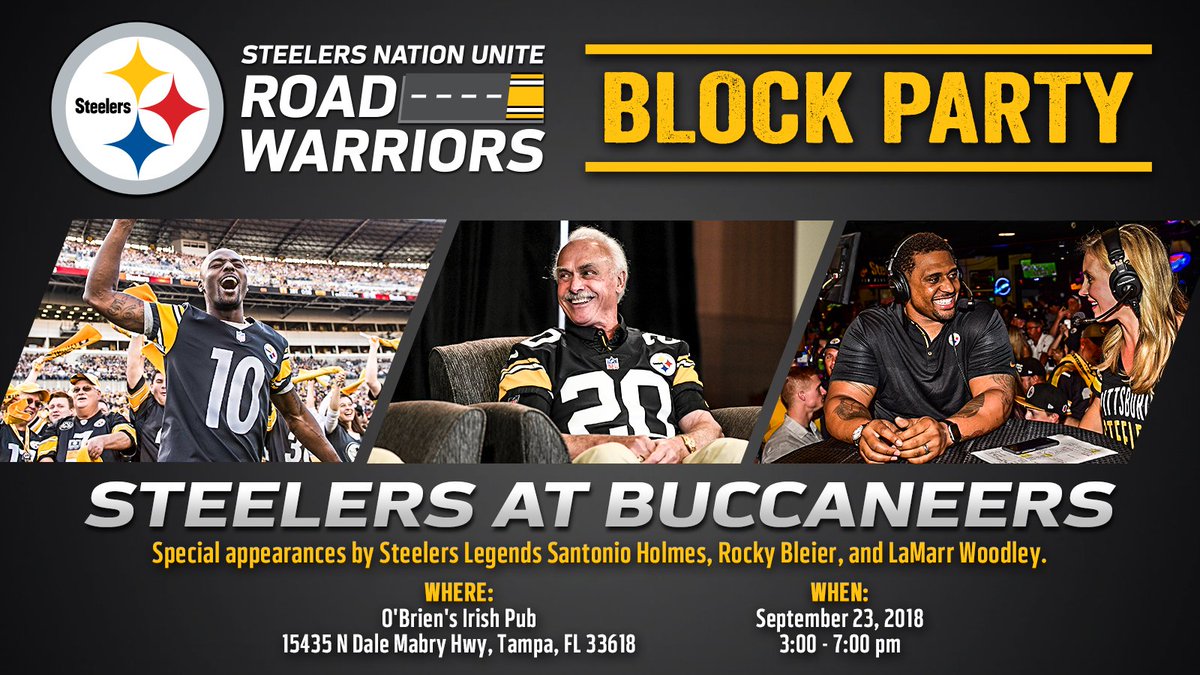 SteelersUnite's tweet photo. Three @steelers Legends &amp; a whole lot of Steelers fans will make for a great time in Tampa on Sunday afternoon! 

BLOCK PARTY ≫ https://t.co/wG5TcgL846 https://t.co/b1sUyUCqFb