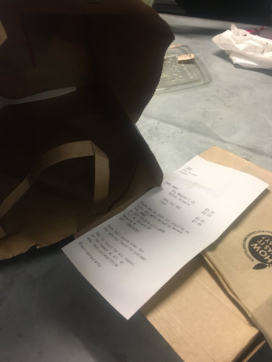 Kenickie56's tweet photo. @leonrestaurants had to wait for ages for my order... to find the brownie that I paid for isn’t in my bag 😫 https://t.co/H2EYwCvl3X