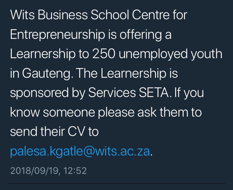 trending_jobs's tweet photo. Learnership: Apply Now. #TrendingJobs 👨🏾‍💻 https://t.co/Y0DktzWPXB