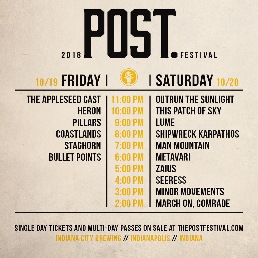 Lineup/schedule for 2018 <a href="/post_festival/">postfestival</a>! Some tickets still available: bit.ly/postindy #postrock