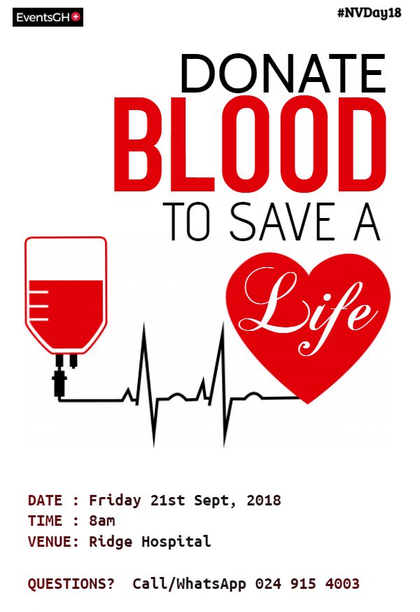 Barcampaccra's tweet photo. As part of #NVDay18, join @GhanaThink Foundation members, @EventsGHplus members and others #alloverGhana to donate blood at various regional hospitals on September 20, 22 and 24.
#EventsGHPlus members would be donating at the Ridge Hospital on #September21. https://t.co/ez9mAx2yOk