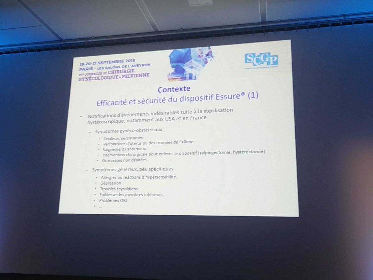 SCGP_officiel's tweet photo. Événements indésirables avec Essure au USA et en France #SCGP2018 https://t.co/VdUx0sjxsS