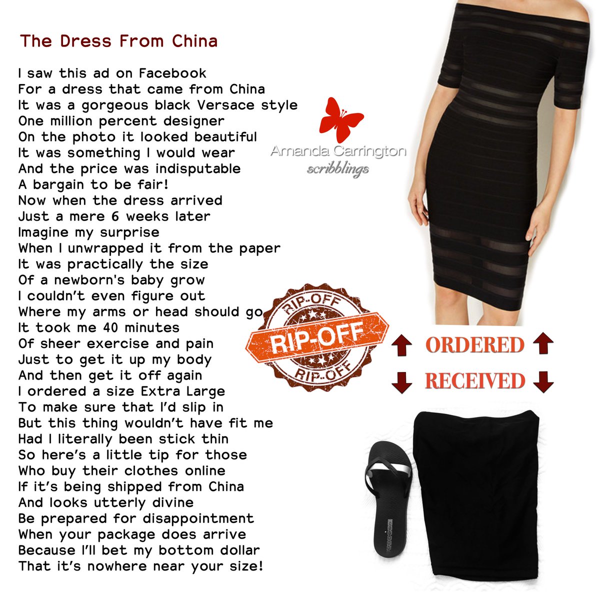 After watching a rather funny video yesterday on facebook, with a poor girl trying to get into the Spanx she ordered from China, I was inspired to write some poetry for the first time in months!!
<a href="/PamAyres/">Pam Ayres MBE</a> always my inspiration :) #funnypoem #humour #ripoff #poetry