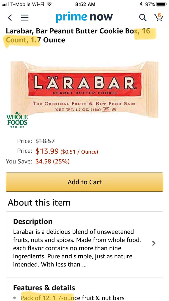 cmarion's tweet photo. .@amazonprimenow @larabar so which is it, 12 or 16 count? #promofail https://t.co/M5CYZk486N