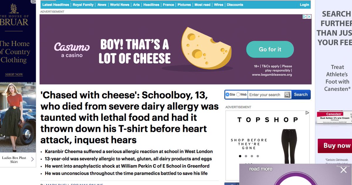 ChloeSkilts's tweet photo. @MailOnline very distasteful 'Cheese' ad on the news story of a school boy who died from dairy allergy after being chased by cheese.... https://t.co/D9uOiwkbrF