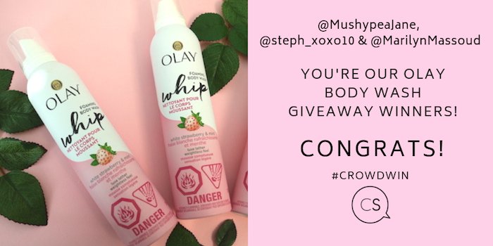 CrowdSocialCA's tweet photo. Congratulations to our Olay Body Wash Giveaway Winners @MushypeaJane, @steph_xoxo10 & @MarilynMassoud! We hope you enjoy your free product #CrowdWin #Giveaway https://t.co/6WEdkBjsju