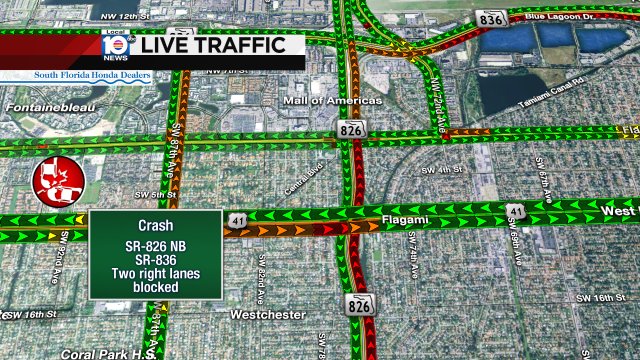 #TRAFFICALERT Crash on SR-826 NB at SR-836. Two right lanes are blocked. Delays back to SR-874. https://t.co/HrWlCcc5h6