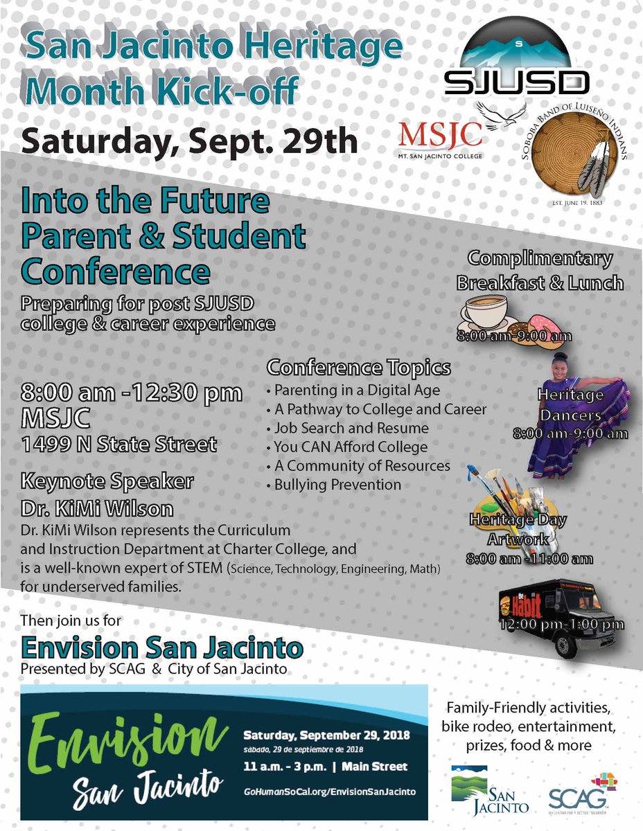 SanJacintoUSD's tweet photo. Only 10 days until our 11th annual "Into the Future" Parent and Student Conference - Saturday, Sept 29, 8am-12:30pm, held on the San Jacinto Campus @MSJCedu (1499 N State St). Which school will have the most attending? @MVMSBobcats ? @nmmshuskies ?  @SjlaLions ? https://t.co/lxZTLV9vY8
