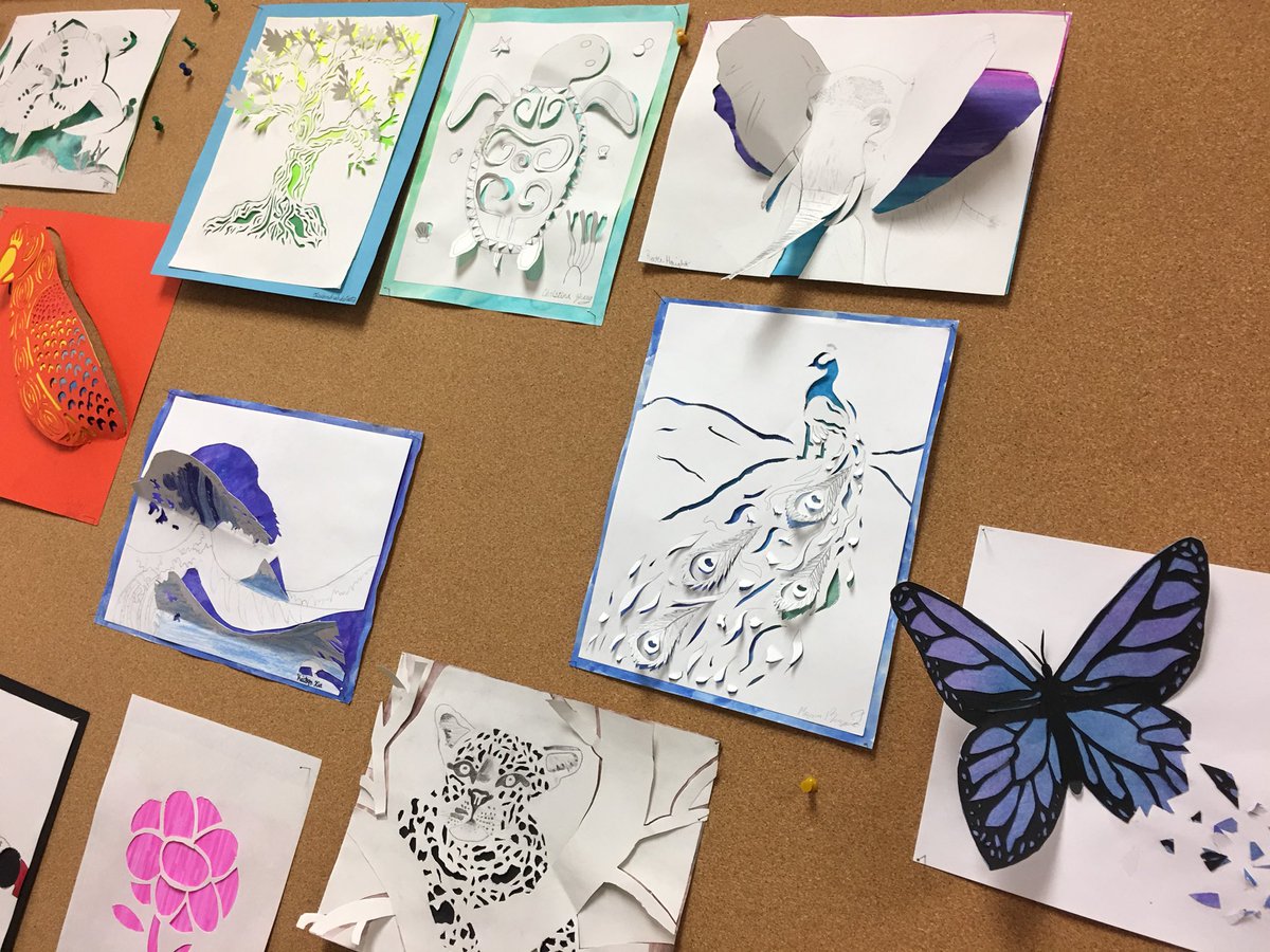 povcorriveau's tweet photo. Paper cut projects out on display! Such amazing artists! 7th grade extended art students did such a great job and with no injuries!!! #StationNationTFLG #BSD220 #arteducation https://t.co/opzZYPjE4r