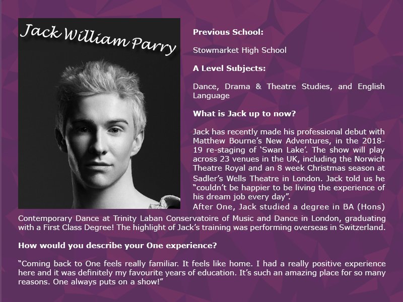 SuffolkOne's tweet photo. More exciting #alumni success, this time from former student Jack William Parry! @jackwilliam_ Jack has recently made his debut in Matthew Bourne's 2018-19 re-staging of Swan Lake! Fantastic news! https://t.co/zuePzl023e #OneAlumni https://t.co/CHFjgXIigH