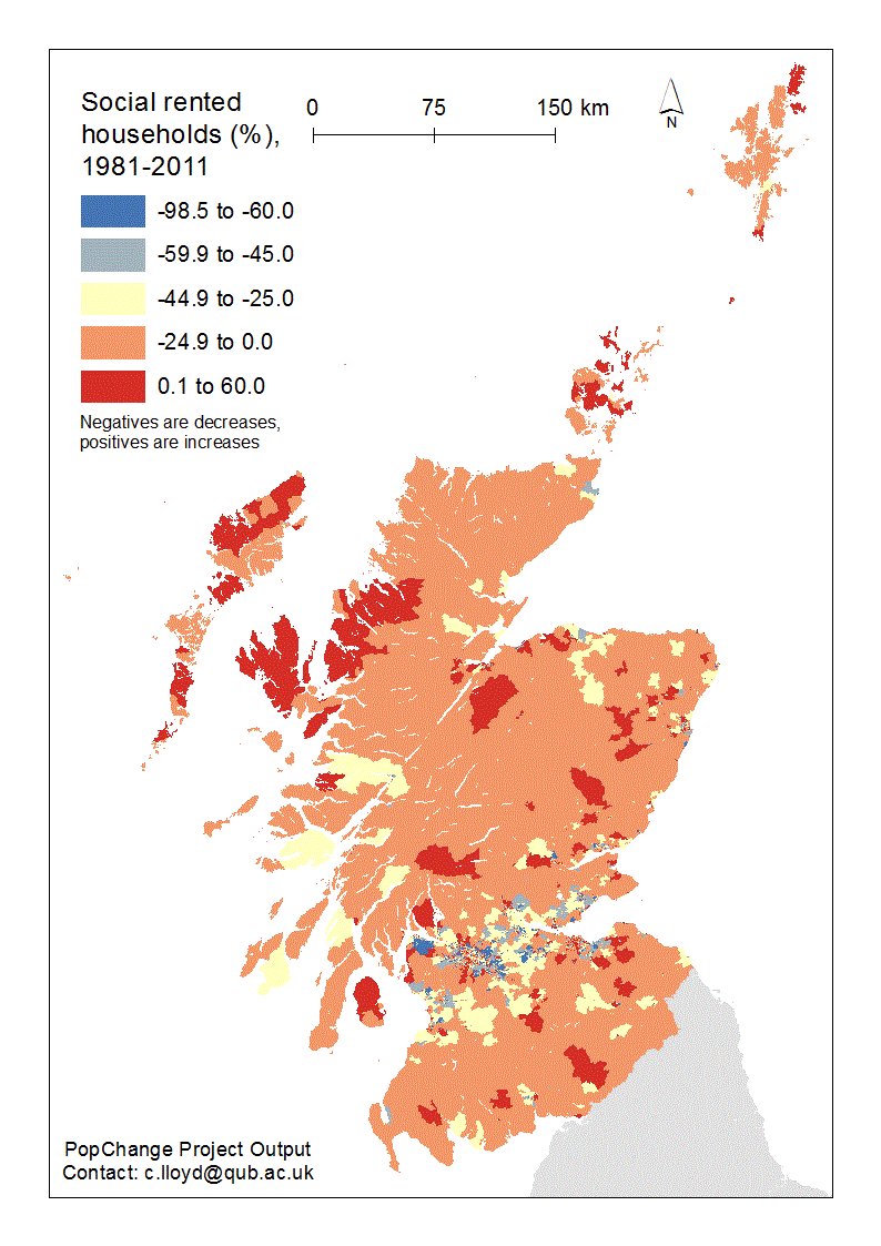 lloydcd's tweet photo. For @scothousingday here is a map (Data Zones) from the #popchange project showing percentage point change in social rented households between 1981 and 2011 #ScottishHousingDay https://t.co/6cmQwF5H9P