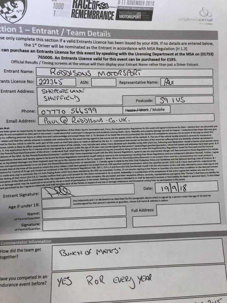 That’s out <a href="/MM_RoR/">Race of Remembrance</a> entry form in! <a href="/BTCCDanWelch/">BTCCDanWelch</a> no doubt we will not have any temp issues with @uk_evans coolant