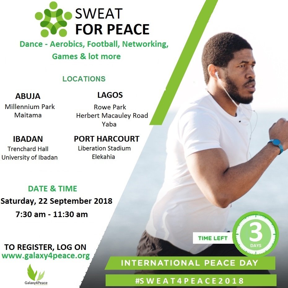 adebotes's tweet image. #PeaceDay is around the corner...

How would you love to celebrate it?

Plan to attend at a location close to you.

Find out more galaxy4peace.org

#September21
#Sweat4Peace
#Sweat4Peace2018