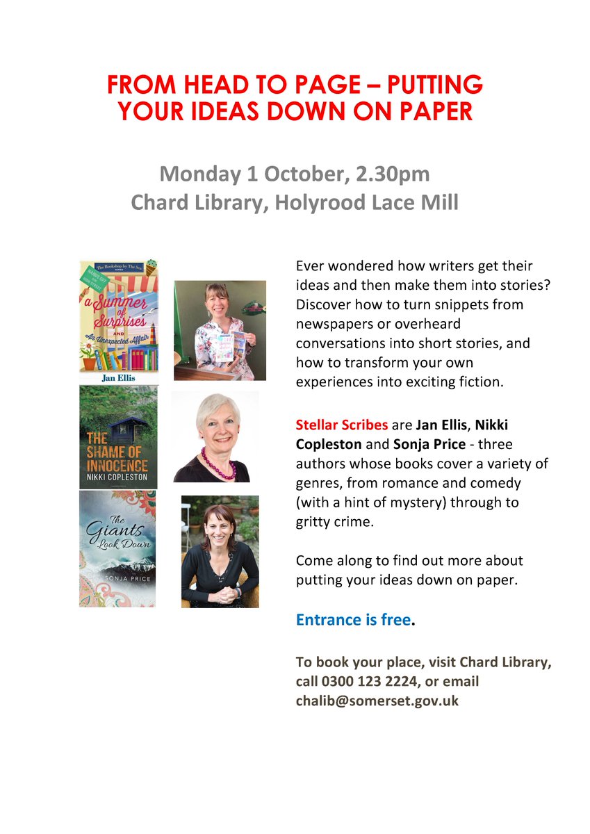 JanEllis_writer's tweet photo. Somerset tweeps: want to start writing? Sign up for our free 'From Head to Page' session on 1 October. Contact the lovely people at #ChardLibrary to book. @ChardBookshop @SomersetLib #amwriting https://t.co/9yq877futU
