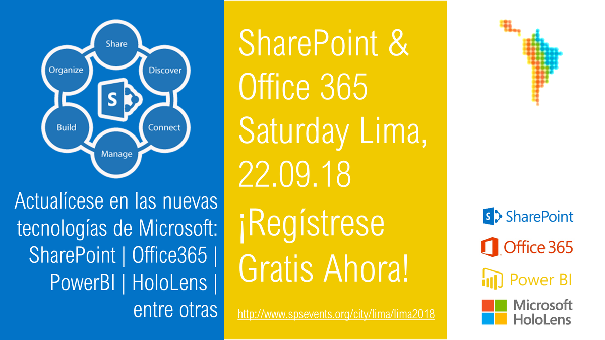com_splatam's tweet photo. ¿Sabía que #SharePoint es una plataforma de colaboración empresarial y una plataforma de administración de documentos? Queremos que conozca con nosotros las nuevas tecnologías de #Microsoft ¡Regístrese Gratis Ahora! https://t.co/GOKqFO7Eag #SPSLima @TSISAS @spslima_ @SPS_Events https://t.co/eDVcWVqK2L
