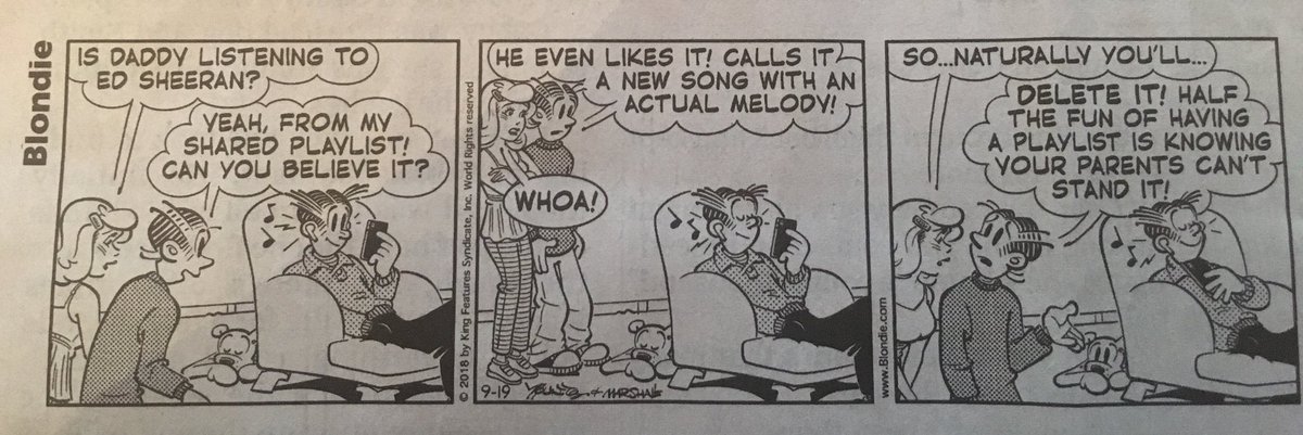 TheIATeam's tweet photo. My mom sent me this Blondie comic featuring @edsheeran this morning 😅 It's truly amazing how Ed Sheeran can impact multiple generations and bring a wide variety of people to his shows 😊💙🎶 https://t.co/0KsK74crmg