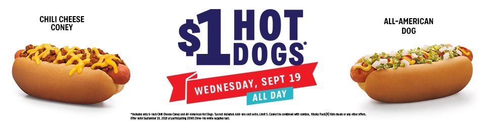 SONICofMD's tweet photo. Time to celebrate! We've got 6" All-American Dogs and Chili Cheese Coneys for just $1 ALL DAY LONG 😋🌭

Tax and add-ons are not included. Limit 5. Cannot be combined with combos, Wacky Pack® Kids meals or any other offers. Valid September 19, 2018 while supplies last. https://t.co/SkBRFshM2X
