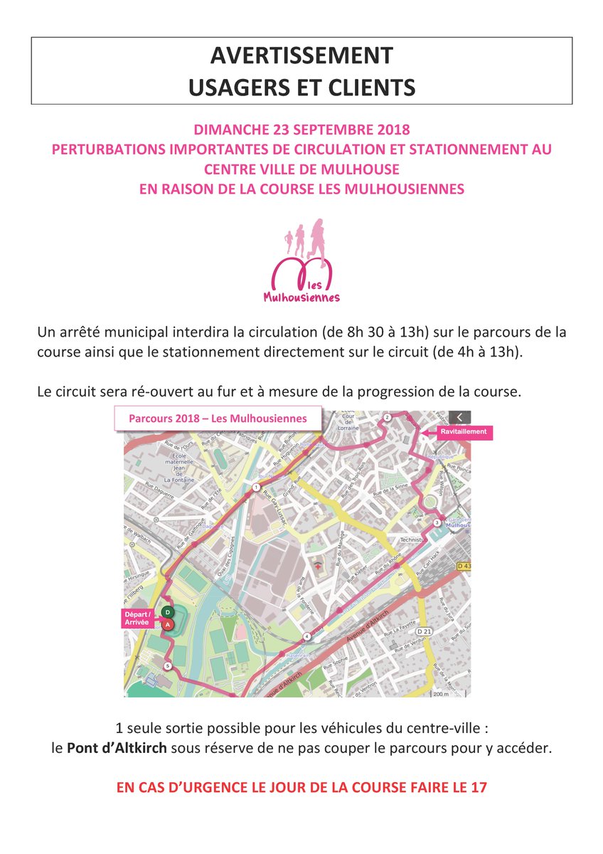 Ville De Mulhouse Pa Twitter En Raison De La Course Des Mulhousiennes Dimanche 23 Septembre La Circulation Le Stationnement Seront Restreints Au Centre Ville De Mulhouse Jusqu A 13h Tout Au Long