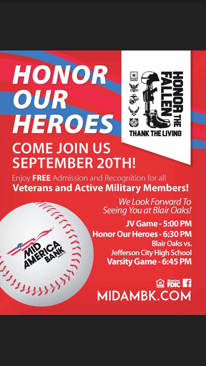 Tomorrow (9/20) is Military Night at Blair Oaks HS. Join us as we thank the living and honor the fallen. Please note that JV will play first at 5:00, Varsity to follow. Special Military honors in between games. Free admission for Veterans! #JayPride #MilitaryNight