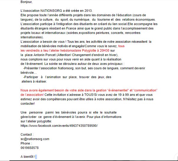 SNationsorg's tweet image. Bonjour à toutes et tous!
Si vous habitez à Lyon, avez des compétences et un peu de temps libre, pourquoi ne pas devenir bénévole au sein de notre association!