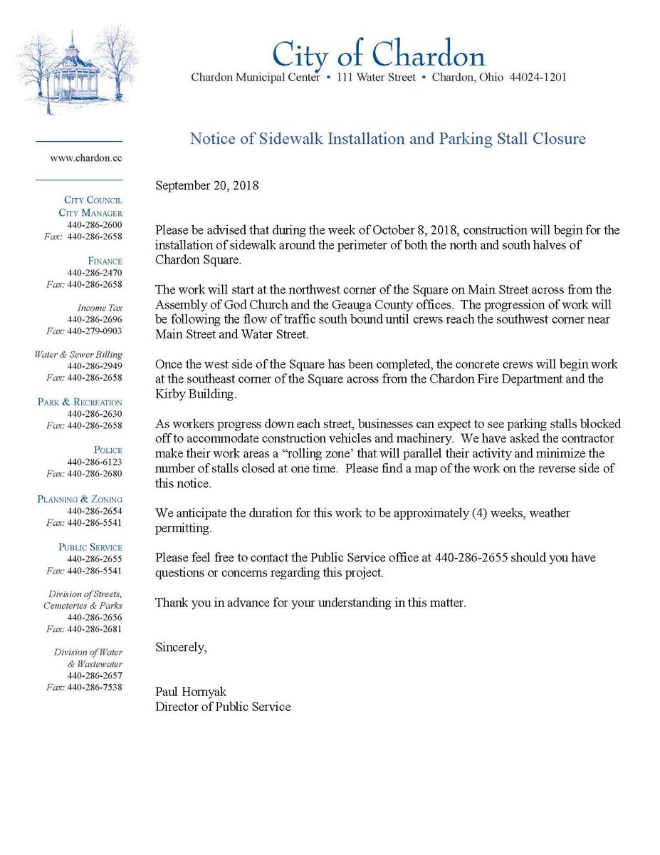 CityofChardon's tweet image. ⚠️Sidewalk  installation around Chardon Square will begin: October 8th. Work is  anticipated to last 4 weeks - weather permitting. For full details on  work and parking stall closure, please review this 👇 notice.